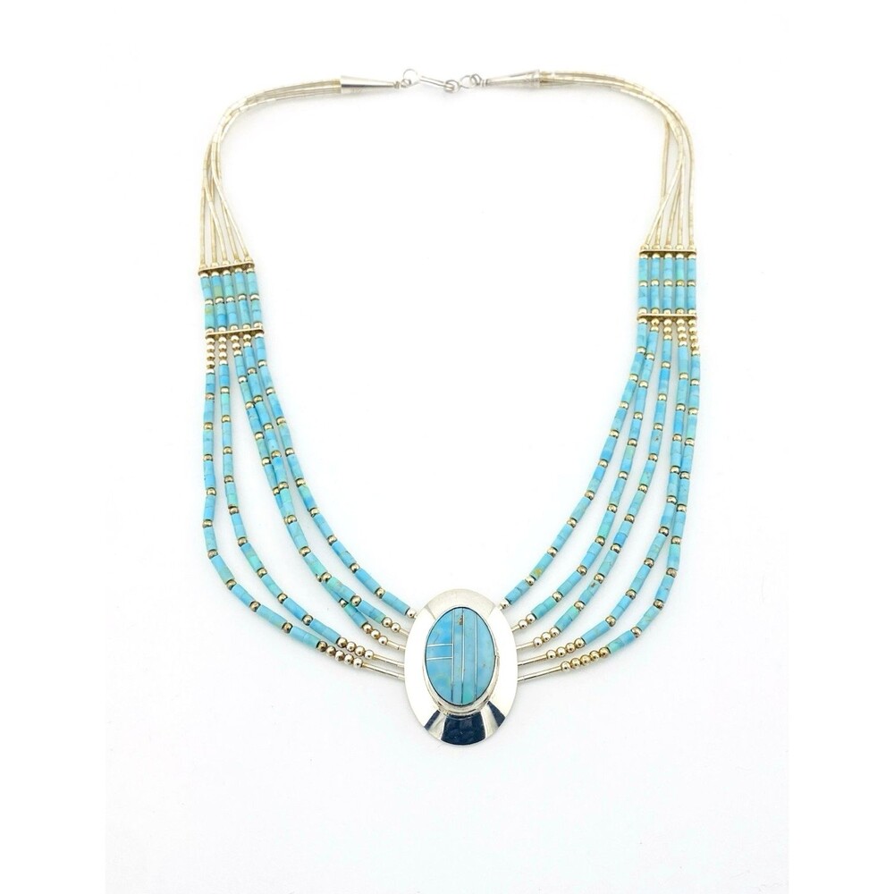 Turquoise Inlay Liquid Silver Necklace Sterling Silver Multi Strand 15.5